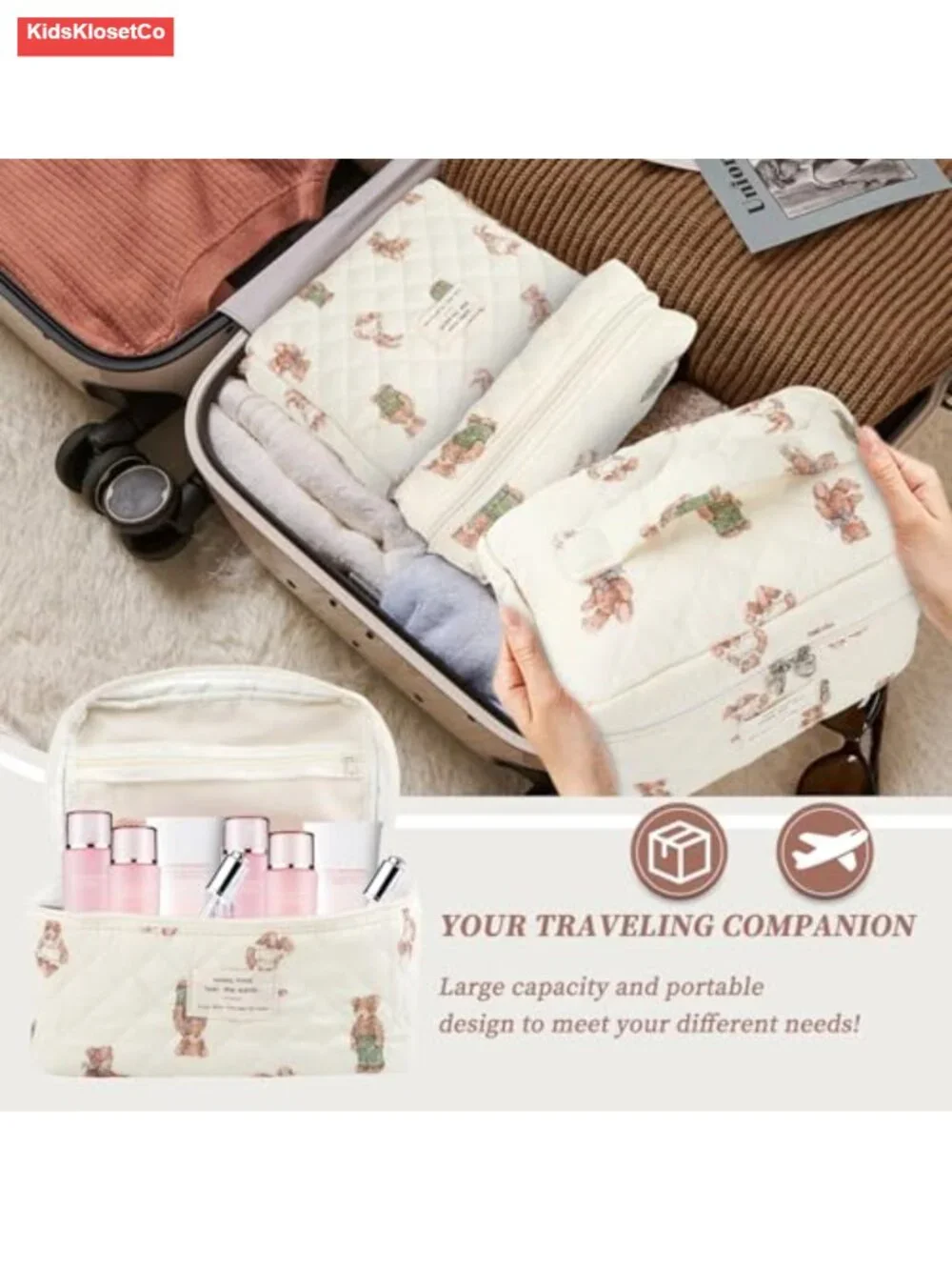 Quilted Cotton Makeup Bag Set of 3, Cosmetic Travel Toiletry Organizer, Floral
